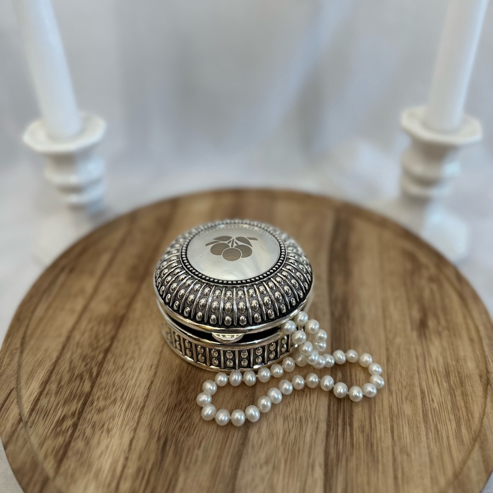Silver Colored Box with Hinged Lid and Blue Velvet Lining
